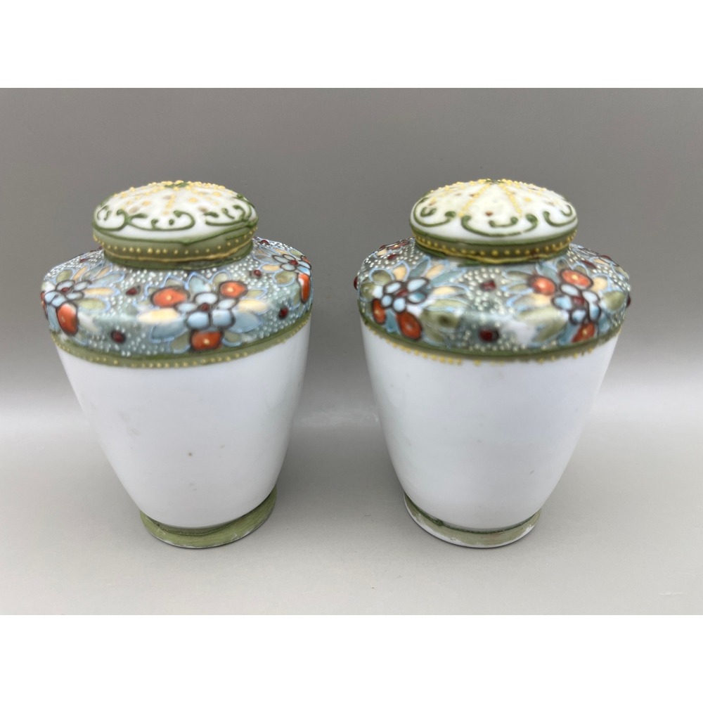 Vtg Porcelain Moriage Hand Painted Salt and Pepper Shakers Floral Green 3"